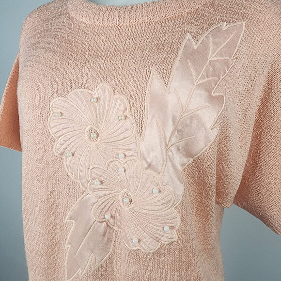Vintage Peach Floral Short Sleeve Knit Sweater Size L - Picture 3 of 8